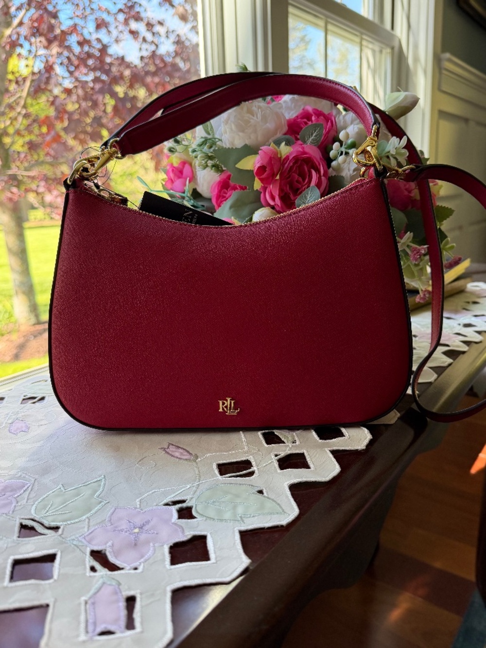 NWT Lauren Ralph Lauren Crosshatch Leather Medium Danni Shoulder Bag